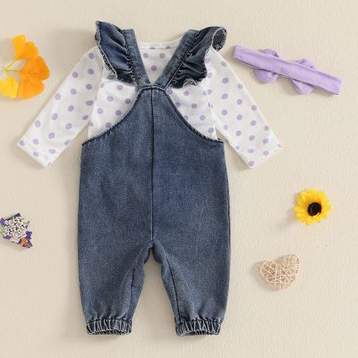 Denim overalls with polka dot long sleeve shirt for babies, cute baby clothing set from Monalisa Store. Perfect for fashionable and comfortable infant outfits.