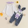 Cute baby girl's polka dot long sleeve bodysuit with matching denim overalls featuring a plush bunny appliqué and lavender bow, perfect for infant fashion and comfortable wear.