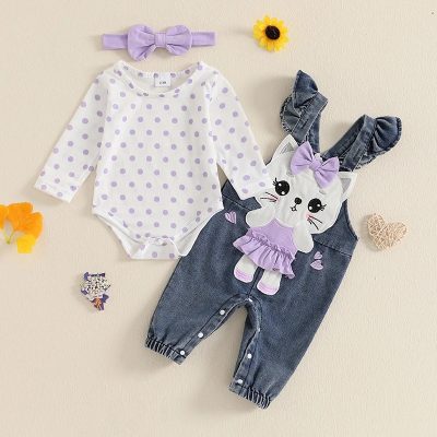 Cute baby girl's polka dot long sleeve bodysuit with matching denim overalls featuring a plush bunny appliqué and lavender bow, perfect for infant fashion and comfortable wear.