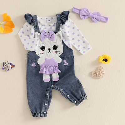 Cute toddler girl's denim overalls with cat appliqué and lavender bow, paired with polka dot long sleeve top, perfect for kids' fashion at Monalisa Store.