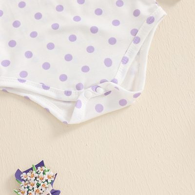 White and lavender polka dot baby onesie with snap closures, soft cotton material, comfortable infant clothing, adorable newborn outfit, Monalisa Store baby apparel.