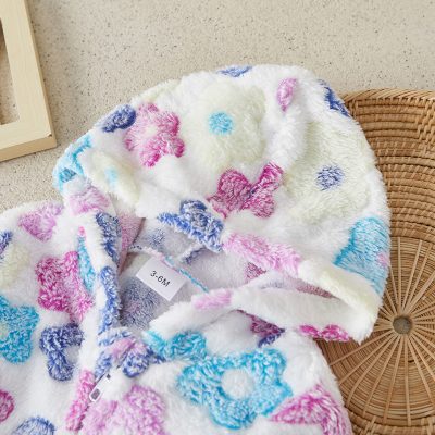 Soft, colorful plush baby hoodie with pink, blue, and purple heart patterns, perfect for toddler clothing and warmth, ideal for 3-6 months olds.