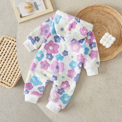 Soft plush floral baby hoodie pajamas in pastel colors, perfect for toddlers and newborns, with comfortable cuffs and hood for warmth and cuteness.