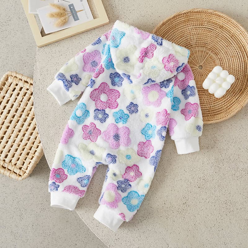 Soft plush floral baby hoodie pajamas in pastel colors, perfect for toddlers and newborns, with comfortable cuffs and hood for warmth and cuteness.