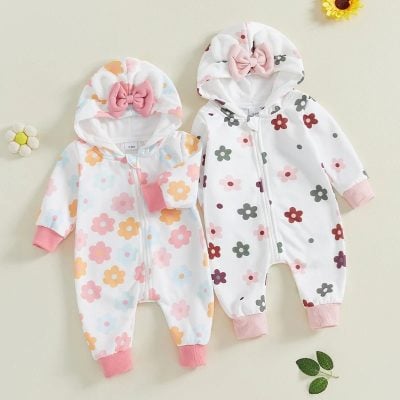 Soft floral print baby jumpsuits with hoods and cute bow accents for girls and boys, perfect for spring and nursery wear, available at Monalisa Store.