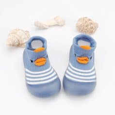 Cute baby shoes with a duck face design, striped socks, and soft soles, perfect for infants and toddlers. Stylish, comfortable, and ideal for summer outings and casual wear.