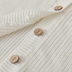 Soft cream knit cardigan with wooden buttons, stylish and comfortable for everyday wear, perfect for layered fashion, ideal for cold weather, premium quality seasonal clothing.