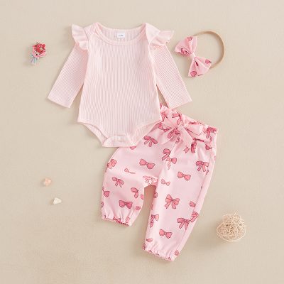 Pink baby girl clothing set with bows, including long sleeve bodysuit, printed pants, and headband, perfect for infants, at Monalisa Store.