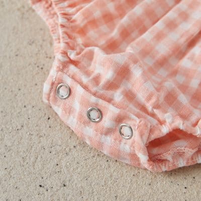 Pink gingham baby romper with snap buttons, adorable infant clothing suitable for summer, Monalisa Store.