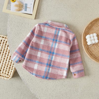 Soft pastel pink and blue plaid children's coat, perfect for colder weather, made from cozy fabric for warmth and comfort, ideal for stylish kids' outerwear collections.