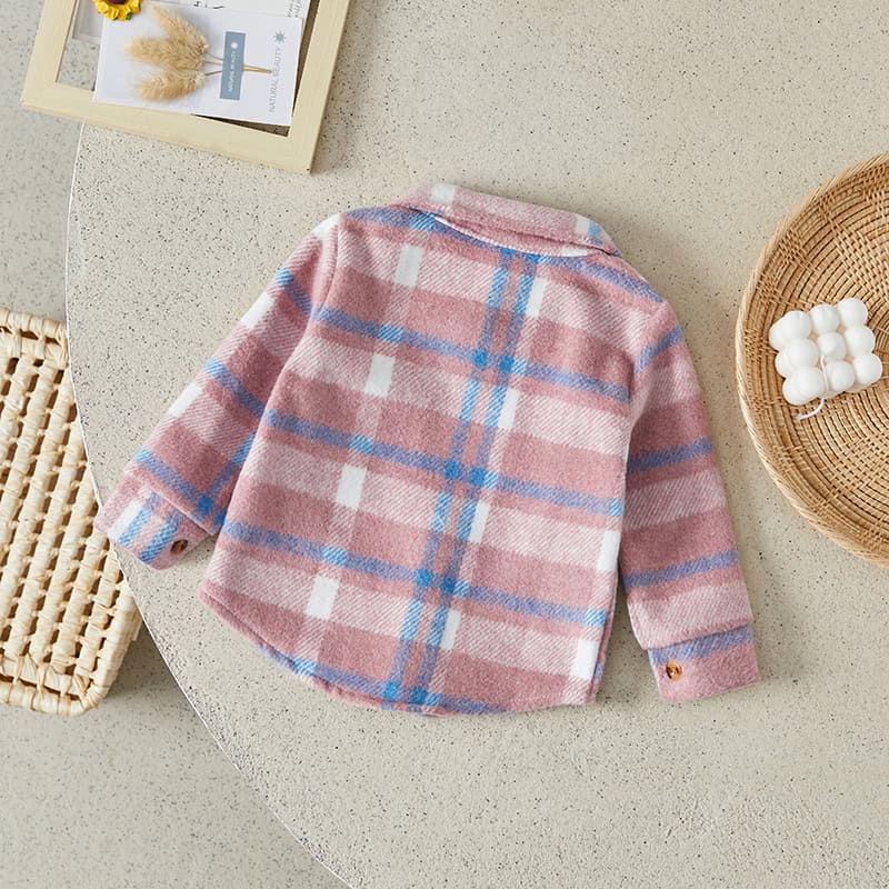 Soft pastel pink and blue plaid children's coat, perfect for colder weather, made from cozy fabric for warmth and comfort, ideal for stylish kids' outerwear collections.