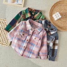 Soft plaid toddler jackets in pink, blue, green, and grey, perfect for kids' winter wear. Comfortable, stylish, and warm for children.