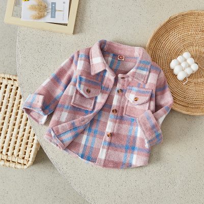 Pink and blue plaid toddler jacket with front pockets for kids' stylish outerwear.
