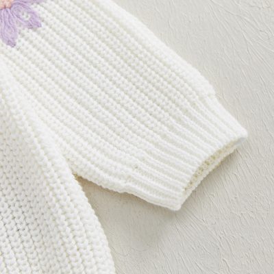 Soft white knitted baby sweater sleeve detail for comfortable, cozy clothing. Ideal for newborns and infants, emphasizing quality and warmth in baby apparel.