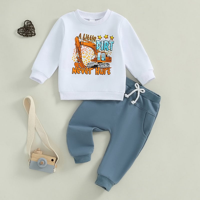 Excavator cartoon print sweatshirt with casual jogger pants for kids, perfect for comfortable outdoor wear.