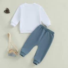 Soft white sweatshirt and blue jogger pants for kids, casual toddler clothing set, comfortable and stylish kids' apparel from Monalisa Store.