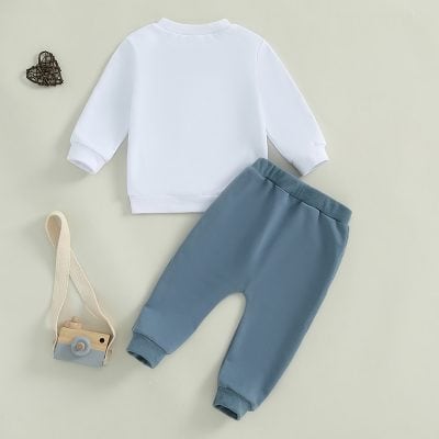 Soft white sweatshirt and blue jogger pants for kids, casual toddler clothing set, comfortable and stylish kids' apparel from Monalisa Store.