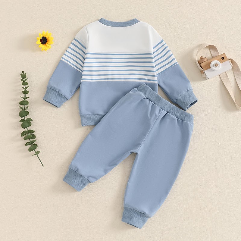 Boy's pastel blue and white striped sweatshirt and matching jogger pants set, perfect for casual wear and active play, made with soft, comfortable fabric.