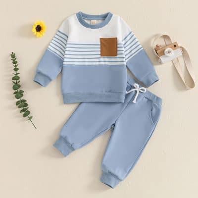 Soft baby boy clothing set including sweatshirt and pants, perfect for infants. Features pastel blue, white, and brown accents, comfortable cotton fabric, and stylish design for everyday wear.