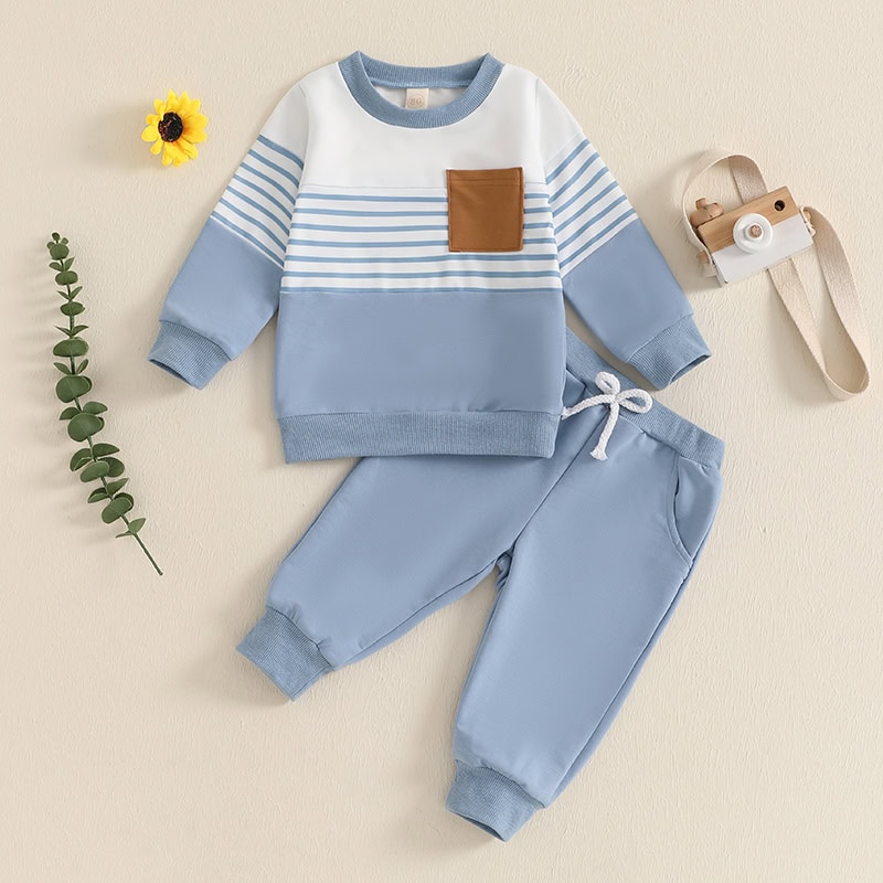 Soft baby boy clothing set including sweatshirt and pants, perfect for infants. Features pastel blue, white, and brown accents, comfortable cotton fabric, and stylish design for everyday wear.
