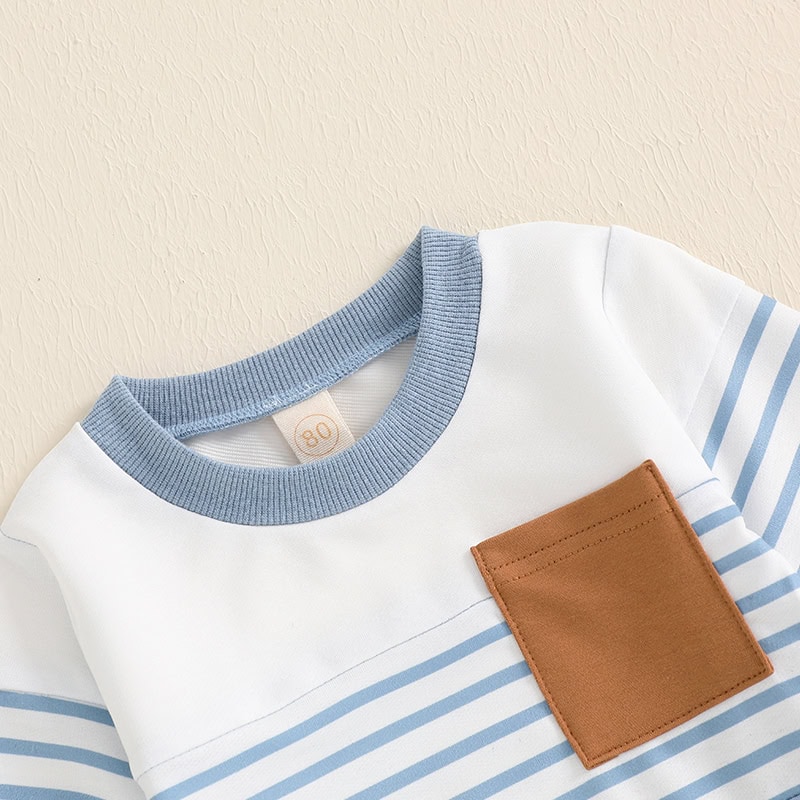 Soft cotton kids' t-shirt with striped design, blue collar, and a front brown pocket, perfect for children’s casual wear and style.