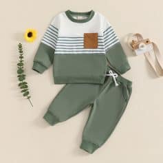 Comfy kids sweatshirt and joggers set, casual fashion for children, green and white striped top with brown pocket, cozy loungewear for boys and girls, Monalisa Store.