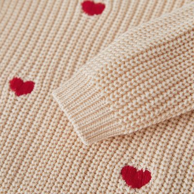 Knitted sweater with red heart designs, cozy and fashionable, perfect for winter wear, high-quality craftsmanship and soft fabric, ideal for stylish casual outfits for women and men.