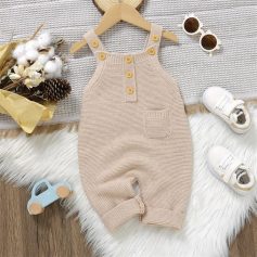 Soft beige knitted baby romper with wooden buttons, small pocket, and shoulder straps, perfect for infants to wholesale and retail at Monalisa Medical Store.