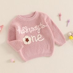 Pink children's knit sweater with playful "little lipstick" and "one" embroidery, adorable and cozy, perfect for kids' fashion and casual wear.