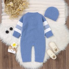 Soft blue knit baby romper with white and gray striped sleeves and matching beanie hat, perfect for winter; displayed on a cozy white rug.