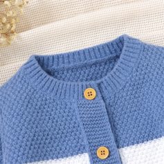 Blue knit cardigan with yellow buttons, stylish and comfortable men's outerwear, versatile casual wear for cold weather.
