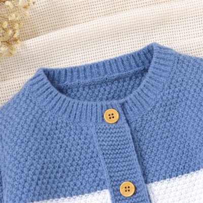 Blue knit cardigan with yellow buttons, stylish and comfortable men's outerwear, versatile casual wear for cold weather.