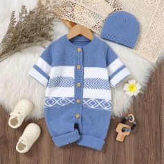 Cozy blue baby romper with white geometric patterns and wood button details, accompanied by a matching knitted hat, perfect for infants' clothing, newborn accessories, and baby fashion essentials.