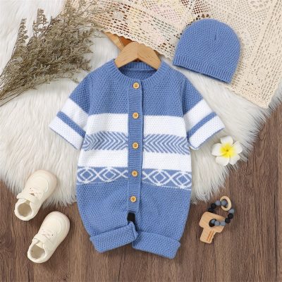 Blue and white knitted baby romper with hooded beanie, perfect for infants, featuring a stylish geometric pattern, wooden buttons, and cozy material from Monalisa Medical Store.