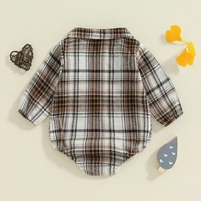 Plaid baby bodysuit with long sleeves, brown, white, and black checkered print, suitable for cold weather and comfortable kids' fashion.