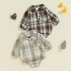 Plaid baby rompers with long sleeves and buttons, perfect for adorable infant outfits and comfortable kids' clothing.