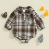 Soft plaid baby bodysuit with long sleeves, button-up collar, and snap closures for comfortable fit and easy dressing. Perfect for fall and winter baby outfits.