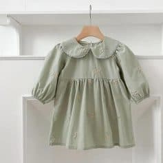 Flower girl dress, baby girl's embroidered dress, elegant soft green dress with lace collar, perfect for special occasions, Monalisa Store children's clothing, high-quality kids' dresses, stylish infant formal wear, boutique baby girl apparel, made with comfortable fabric, charming embroidered floral design.