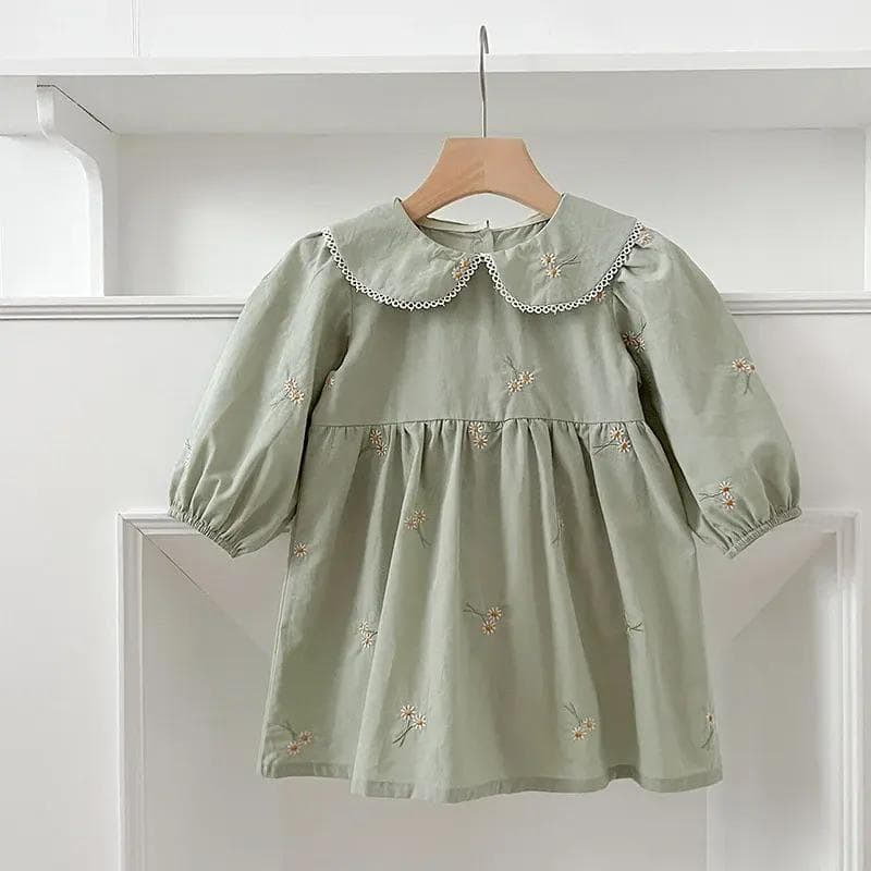 Flower girl dress, baby girl's embroidered dress, elegant soft green dress with lace collar, perfect for special occasions, Monalisa Store children's clothing, high-quality kids' dresses, stylish infant formal wear, boutique baby girl apparel, made with comfortable fabric, charming embroidered floral design.