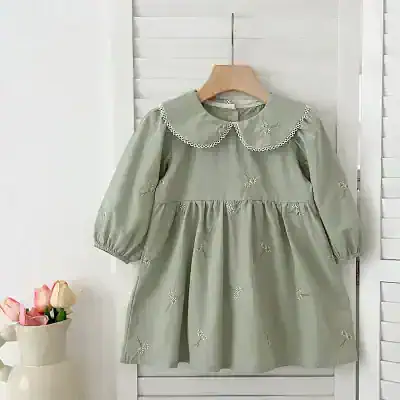 Soft green embroidered girl's dress with lace-collared neckline and puffed sleeves for stylish children's fashion.