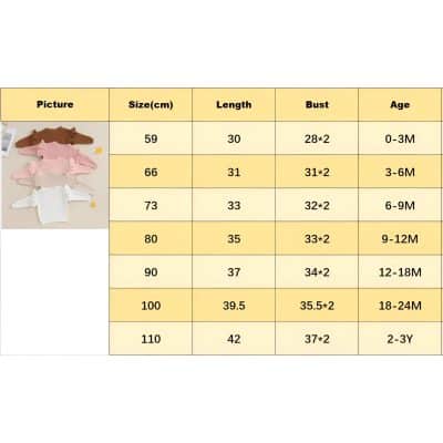 Colorful baby clothing display, including sweaters and onesies, ideal for newborns to toddlers, showcasing size options for infants and young children, perfect for parents shopping for kids' apparel.