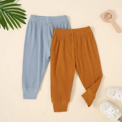 Soft rib-knit children's jogger pants in pastel blue and warm orange, stylish and comfy for casual wear, available at Monalisa Store for kids' fashion essentials.