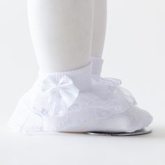 Ribbon baby shoe with lace and satin bow, white soft fashion footwear for infants, adorable and comfortable baby dress shoe, delicate lace detail for special occasions.