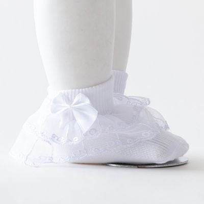 Ribbon baby shoe with lace and satin bow, white soft fashion footwear for infants, adorable and comfortable baby dress shoe, delicate lace detail for special occasions.