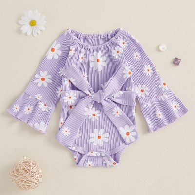 Pink and white daisy print baby romper with ruffled sleeves and a bow tie at Monalisa Store, perfect for adorable infant fashion.