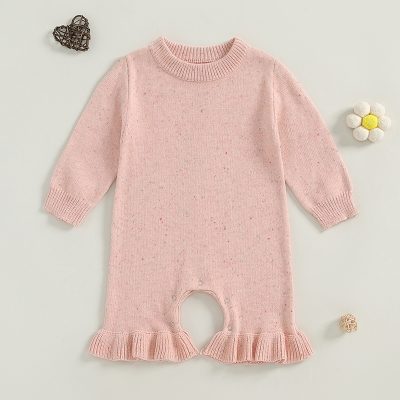 Soft pink baby romper with ruffled hem and long sleeves, ideal for infants' comfort and style. Perfect for baby girls' casual or special occasions.