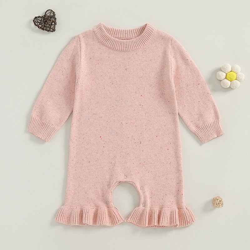 Soft pink baby romper with ruffled hem and long sleeves, ideal for infants' comfort and style. Perfect for baby girls' casual or special occasions.