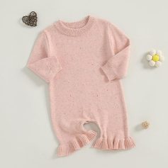 Soft pink baby onesie with ruffled ankles, perfect for newborns and infants, made from comfortable, breathable knit fabric. Ideal for everyday wear or special occasions.
