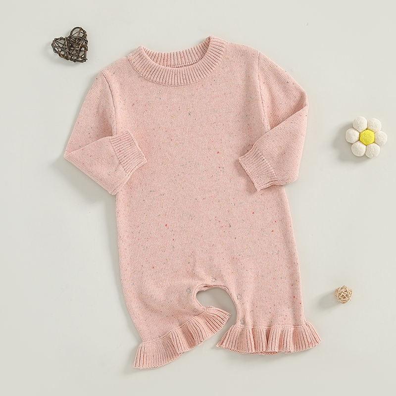 Soft pink baby onesie with ruffled ankles, perfect for newborns and infants, made from comfortable, breathable knit fabric. Ideal for everyday wear or special occasions.