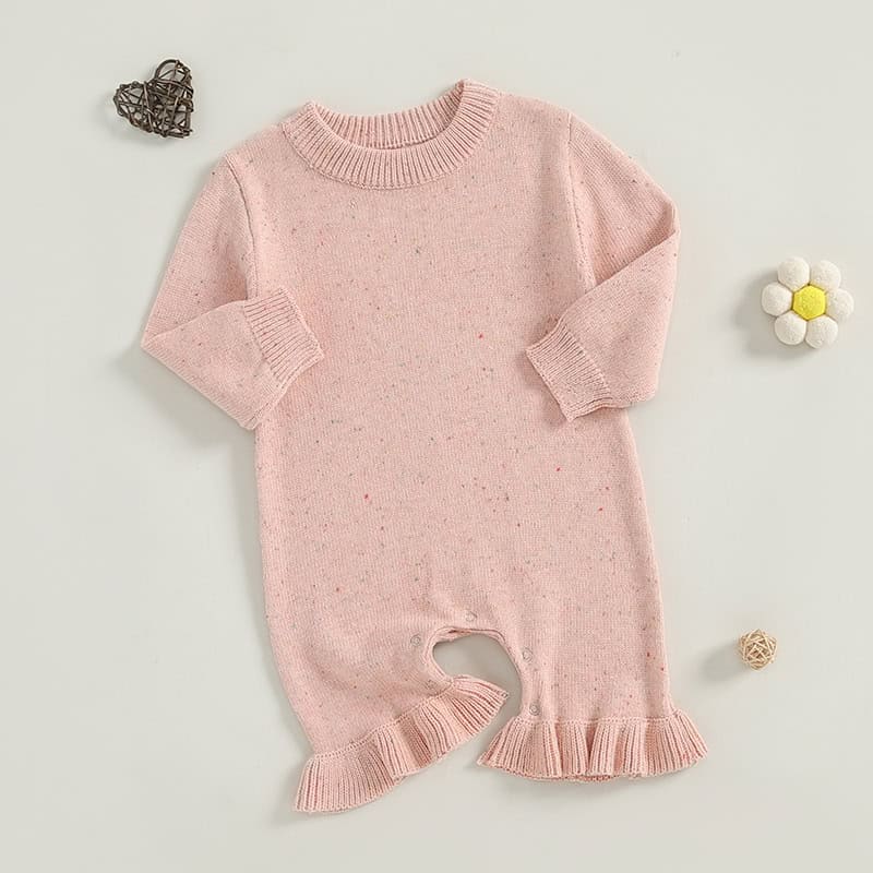 Soft pink baby knit romper, cozy toddler onesie with ruffled cuffs and footed design, perfect for infant clothing and newborn outfits at monalisa store.